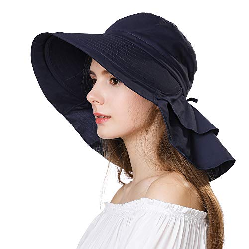 Comhats Ladies Sun Hat Foldable UPF 50 Wide Brim with Neck Protection Summer Spring UV Cotton Safari Gardening Walking Hat with Chin Strap Beige Small