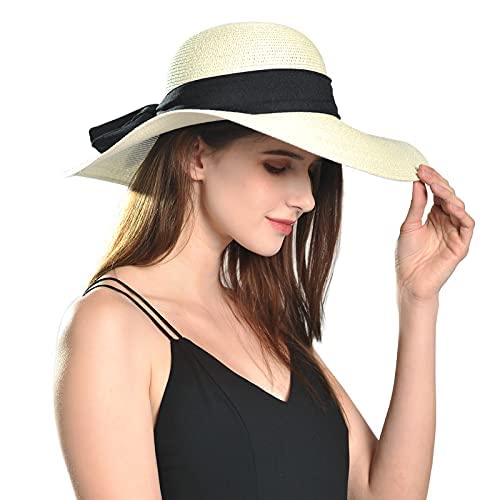 Comhats Sun Hats for Women Foldable UV Protection Large Wide Brimmed Floppy Panama Style Straw Beach Hat Fashionable Fedora Adjustable Beige