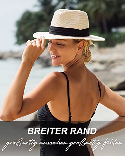 FURTALK Sun Hats for Women Men, Adjustable Summer Panama Fedora Wide Brim Hat UV UPF 50+,Foldable Packable Straw Beach Hat Beige