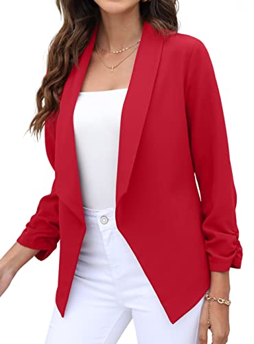 GRECERELLE Womens Blazer Suit Open Front Cardigan 3/4 Ruched Sleeve Casual Work Office Cropped Blazer Jacket for Ladies