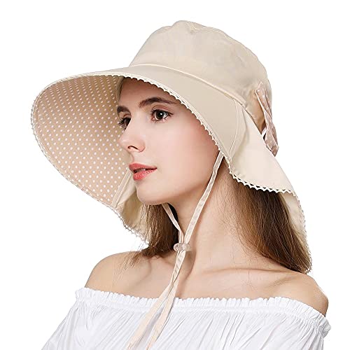 Comhats Ladies Sun Hat Foldable UPF 50 Wide Brim with Neck Protection Summer Spring UV Cotton Safari Gardening Walking Hat with Chin Strap Beige Small