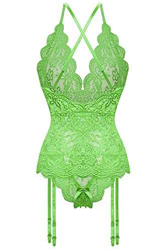 Aranmei Women Sexy Garter Lingerie Set Lace Teddy Bodysuit Deep V Neck Crisscross Back Strap Underwear with Panty