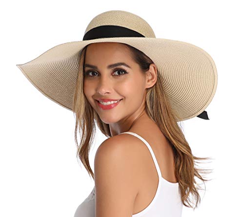 Lanzom Womens 5.5 Inches Wide Brim Straw Hat Floppy Foldable Roll up Cap Beach Sun Hat