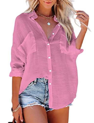 Bsubseach Women Casual Navy Turn Down Collar Bikini Bathing Suit Cover Ups Long Sleeve Beach Cover Up with Pockets