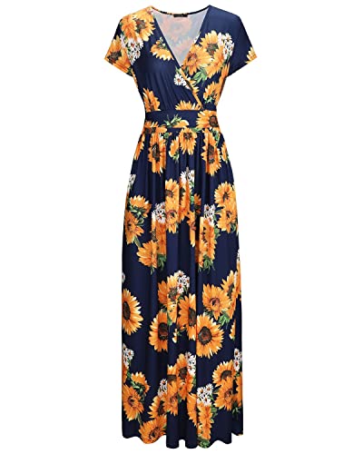 OUGES Women's Summer Casual V Neck Short Sleeve Floral Pattern Wrap Ladies Maxi Long Dress with Pockets