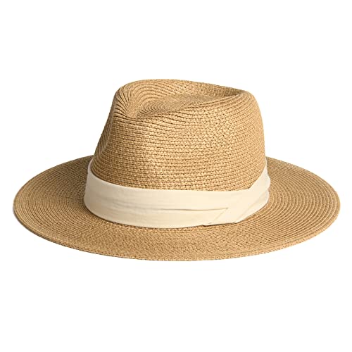 FURTALK Sun Hats for Women Men, Adjustable Summer Panama Fedora Wide Brim Hat UV UPF 50+,Foldable Packable Straw Beach Hat Beige