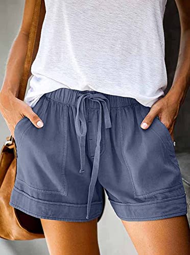 comefohome Womens Drawstring Shorts Summer Cotton Elastic Waist Solid Color Casual Shorts UK with Pockets Blue M