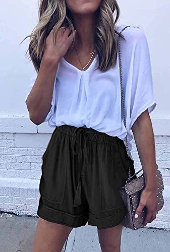 comefohome Womens Drawstring Shorts Summer Cotton Elastic Waist Solid Color Casual Shorts UK with Pockets Blue M