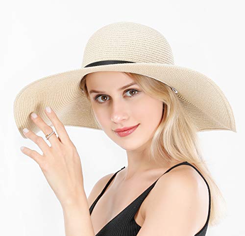 Lanzom Womens 5.5 Inches Wide Brim Straw Hat Floppy Foldable Roll up Cap Beach Sun Hat