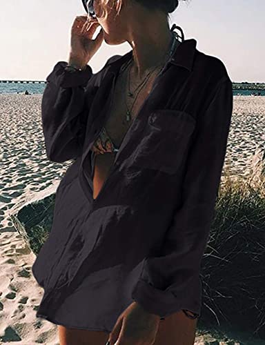 Bsubseach Long Sleeve Beach Shirt Blouses Women Turn Down Collar Bikini Bathing Suit Cover Ups Swimwear Apricot