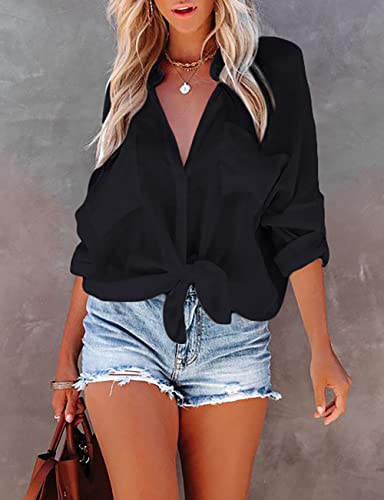 Bsubseach Women Casual Navy Turn Down Collar Bikini Bathing Suit Cover Ups Long Sleeve Beach Cover Up with Pockets