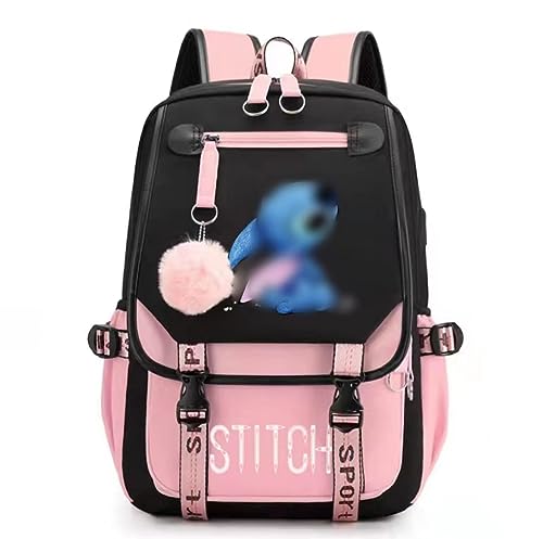 Women Girls USB School Bag Large Capacity Stitch Backpack Casual Pink, Multicolored, 46*29*16cm