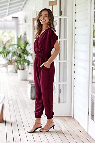 ECOWISH Women's V Neck Spaghetti Strap Drawstring Waisted Long Pants Jumpsuit Rompers