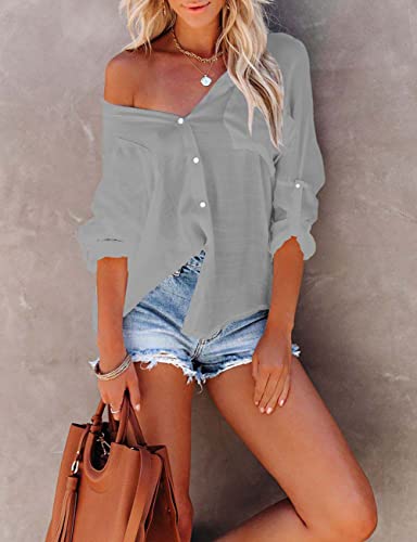Bsubseach Women Casual Navy Turn Down Collar Bikini Bathing Suit Cover Ups Long Sleeve Beach Cover Up with Pockets