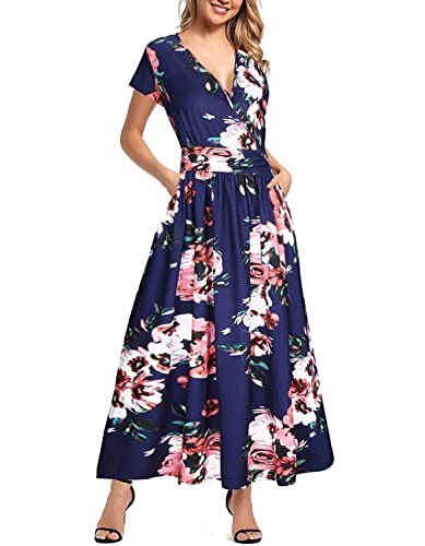 PCEAIIH Women's Maxi Dress Casual Deep V Short Sleeve Floral Ladies Wrap Long Dress with Pockets