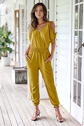 ECOWISH Women's V Neck Spaghetti Strap Drawstring Waisted Long Pants Jumpsuit Rompers