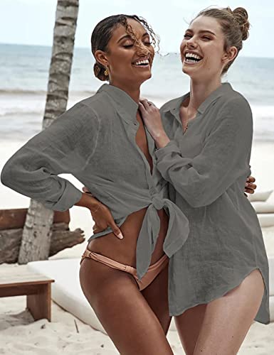 Bsubseach Long Sleeve Beach Shirt Blouses Women Turn Down Collar Bikini Bathing Suit Cover Ups Swimwear Apricot