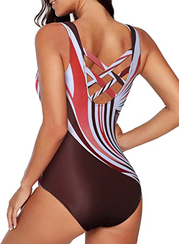 Aleumdr Ladies Gradient Color Block Printed Soft Cup Swimming Suits Sleeveless One Piece Swimming Costume for Women