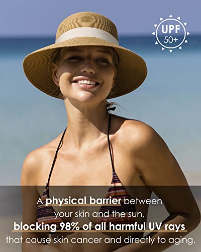 FURTALK Womens Beach Sun Straw Hat UV UPF50 Travel Foldable Brim Summer UV Hat