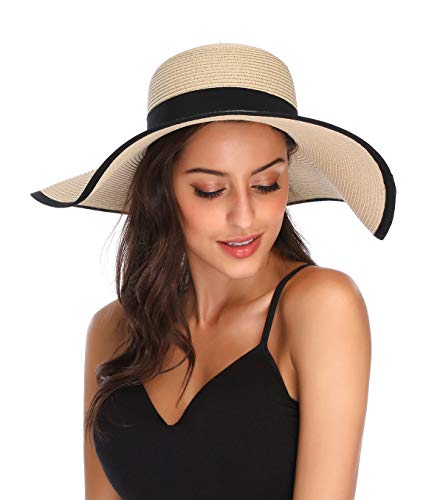 Lanzom Womens 5.5 Inches Wide Brim Straw Hat Floppy Foldable Roll up Cap Beach Sun Hat
