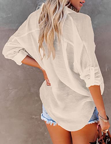 Bsubseach Women Casual Navy Turn Down Collar Bikini Bathing Suit Cover Ups Long Sleeve Beach Cover Up with Pockets