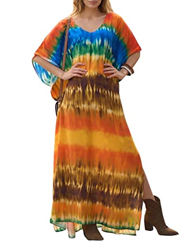 Bsubseach Green Snake Print Loose Kaftan Dress Plus Size Beach Cover Up Half Sleeve Caftan Maxi Dress for Women