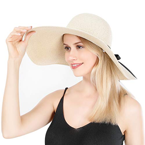 Lanzom Womens 5.5 Inches Wide Brim Straw Hat Floppy Foldable Roll up Cap Beach Sun Hat