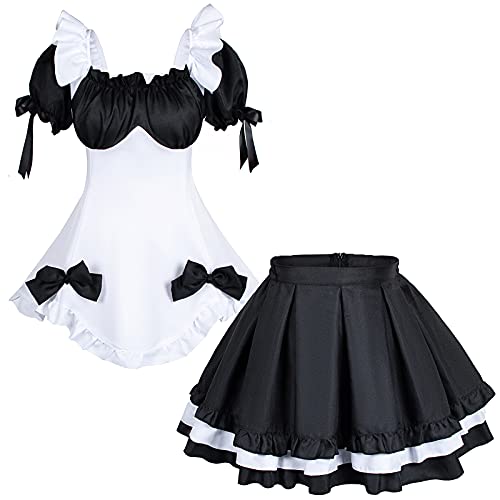 Wannsee Anime French Maid Apron Lolita Fancy Dress Cosplay Costume Furry Cat Ear Gloves Socks Set