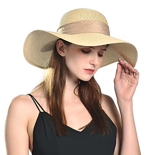 Comhats Sun Hats for Women Foldable UV Protection Large Wide Brimmed Floppy Panama Style Straw Beach Hat Fashionable Fedora Adjustable Beige