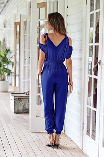 ECOWISH Women's V Neck Spaghetti Strap Drawstring Waisted Long Pants Jumpsuit Rompers