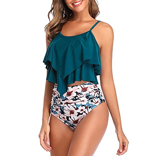 Genfien Swimsuit for Women Two Piece Bathing Suits Ruffled Flounce Top with High Waisted Bottom Bikini Set