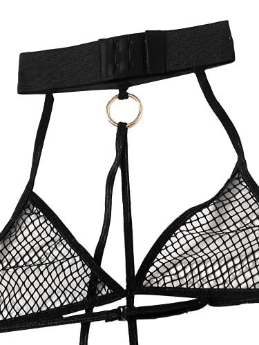 Women's Sexy Bunny Cosplay Lingerie Naughty Fishnet Teddy Bodysuit Bandage Bikini Roleplay Costume Mesh Bra Panty Sets Black