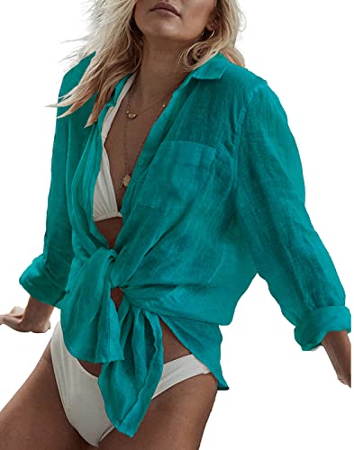 Bsubseach Long Sleeve Beach Shirt Blouses Women Turn Down Collar Bikini Bathing Suit Cover Ups Swimwear Apricot