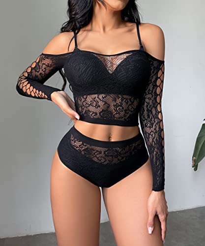 Buitifo Womens Lingerie Fishnet Babydoll Bodysuit Mini Dress Set One Size