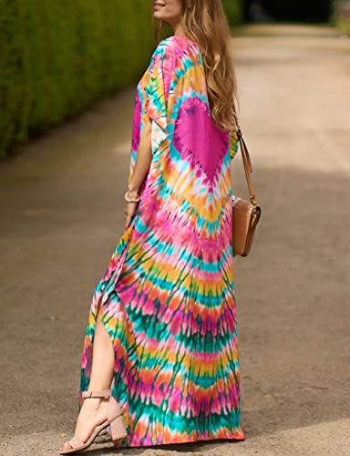 Bsubseach Green Snake Print Loose Kaftan Dress Plus Size Beach Cover Up Half Sleeve Caftan Maxi Dress for Women