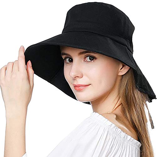 Comhats Ladies Sun Hat Foldable UPF 50 Wide Brim with Neck Protection Summer Spring UV Cotton Safari Gardening Walking Hat with Chin Strap Beige Small