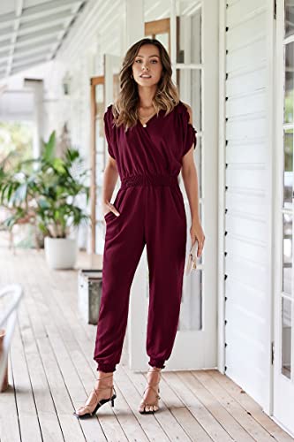 ECOWISH Women's V Neck Spaghetti Strap Drawstring Waisted Long Pants Jumpsuit Rompers