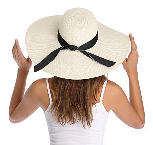 Lanzom Womens 5.5 Inches Wide Brim Straw Hat Floppy Foldable Roll up Cap Beach Sun Hat