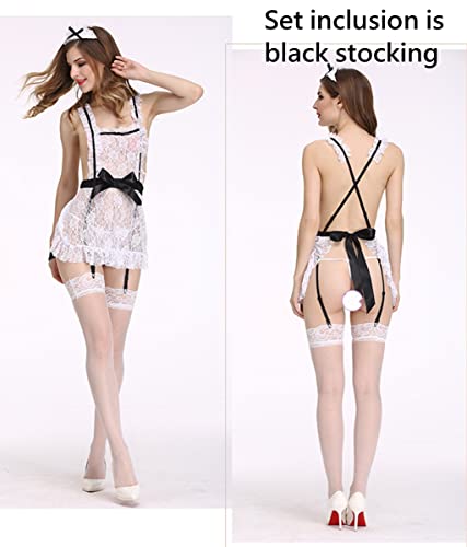 DRMGIRL Women French Maid Outfit Costume, Sexy Sheer Maid Servant Cosplay Lingerie Set, Naughty Lace Splice Cute Apron Fancy Dress Babydoll Uniform for Ladies Halloween Roleplay Game Suit Nightdress
