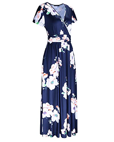 OUGES Women's Summer Casual V Neck Short Sleeve Floral Pattern Wrap Ladies Maxi Long Dress with Pockets