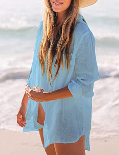 Bsubseach Long Sleeve Beach Shirt Blouses Women Turn Down Collar Bikini Bathing Suit Cover Ups Swimwear Apricot