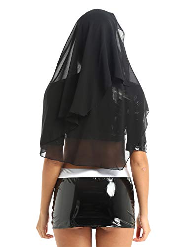 FEESHOW Womens Naughty Halloween Nun Cosplay Lingeries Outfit Sexy Wet Look Faux Leather Costumes