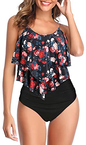 Genfien Swimsuit for Women Two Piece Bathing Suits Ruffled Flounce Top with High Waisted Bottom Bikini Set