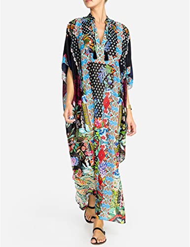 Bsubseach Green Snake Print Loose Kaftan Dress Plus Size Beach Cover Up Half Sleeve Caftan Maxi Dress for Women
