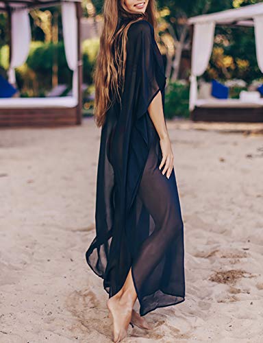Bsubseach Chiffon Print Shirt Dress Beach Cover Up Loose Turn Down Collar Long Sleeve Bikini Kaftan Cover Ups for Swimwear Women