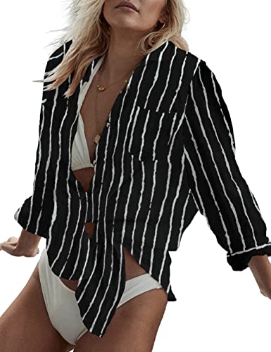 Bsubseach Long Sleeve Beach Shirt Blouses Women Turn Down Collar Bikini Bathing Suit Cover Ups Swimwear Apricot