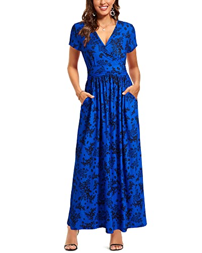 OUGES Women's Summer Casual V Neck Short Sleeve Floral Pattern Wrap Ladies Maxi Long Dress with Pockets