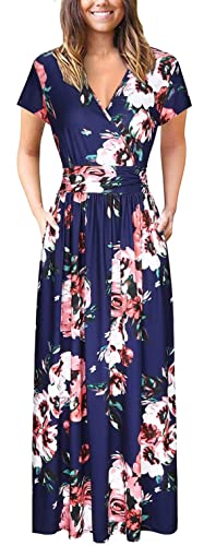 PCEAIIH Women's Maxi Dress Casual Deep V Short Sleeve Floral Ladies Wrap Long Dress with Pockets