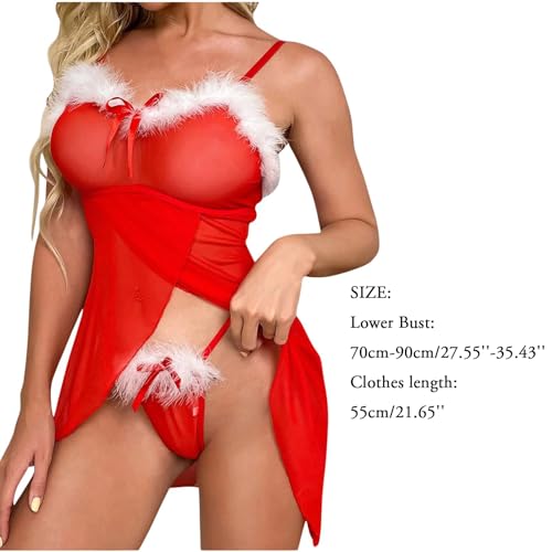 Women's Sexy Christmas Lingerie Night Dress with Thong, Ladies Red Santa Babydoll Chemise Backless, See Through Lace Mesh Spice Nightgown Outfit, V Neck Nightwear Negligee, Slit Front Xmas Sleepwear