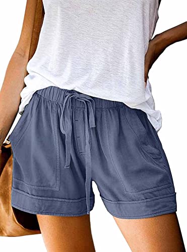 comefohome Womens Drawstring Shorts Summer Cotton Elastic Waist Solid Color Casual Shorts UK with Pockets Blue M